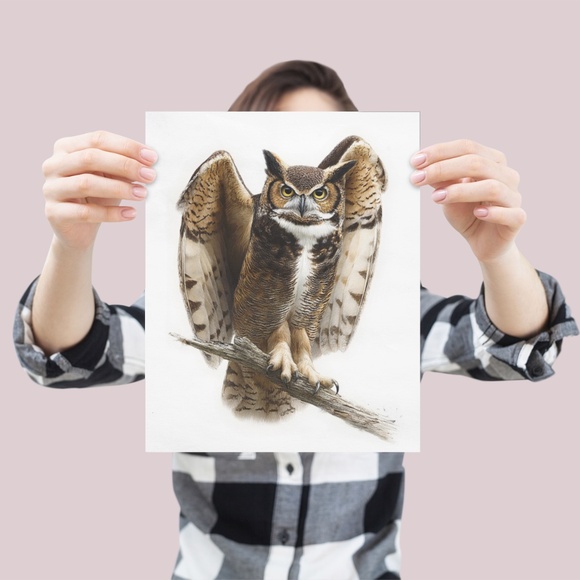 Watercolor Great Horned Owl Portrait Wall Art Print, Unframed - Woodland - Picture 4 of 6